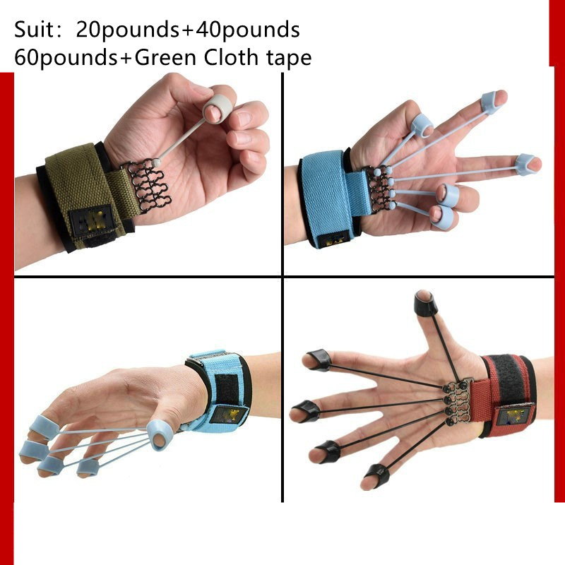 FlexiGrip Hand & Finger Trainer showing all three colors with hand and finger movements